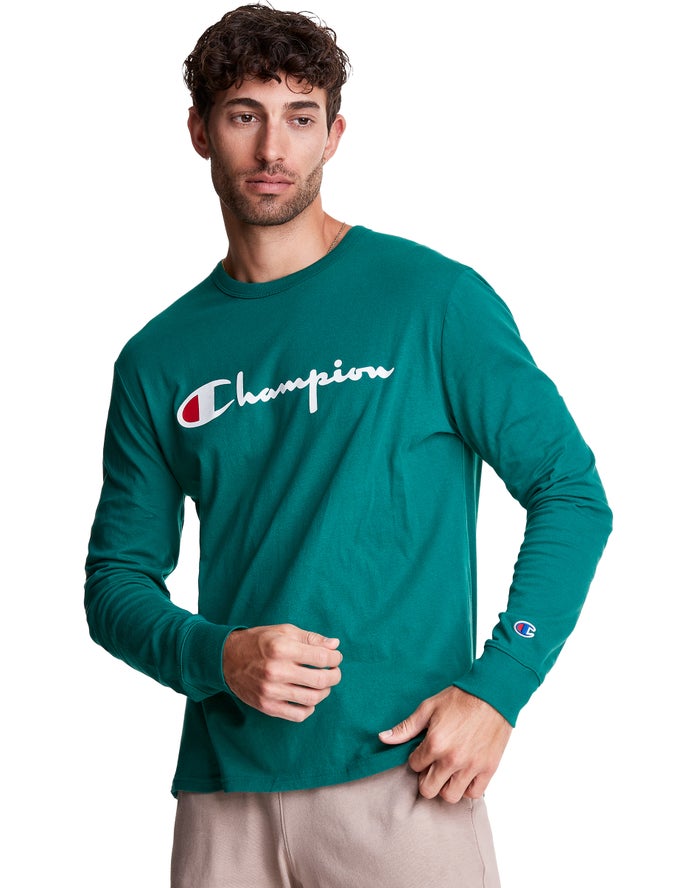 Camiseta Champion Hombre - Long-Sleeve Lightweight Script Logo ( Turquesa ) 0487631-CB